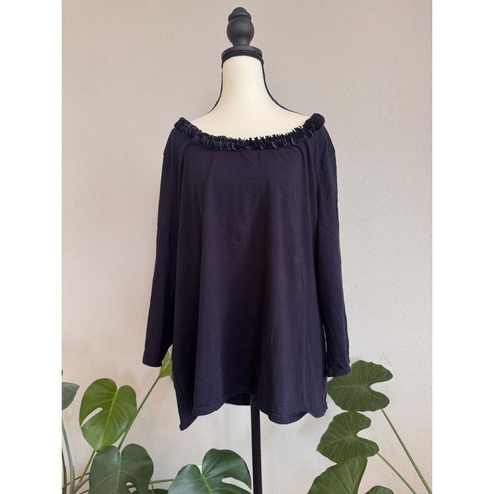 Talbots Woman 3X Navy 100% Pima Cotton Ruffle Neck 3/4 Sleeve Top